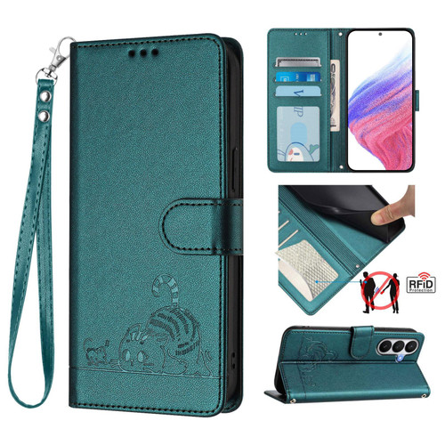 Samsung Galaxy S26 Cat Rat Embossed Pattern RFID Leather Phone Case with Lanyard - Peacock Green