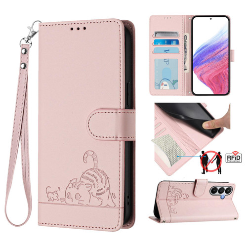 Samsung Galaxy S26 Cat Rat Embossed Pattern RFID Leather Phone Case with Lanyard - Pink