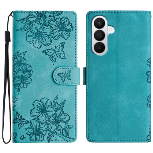 Samsung Galaxy S26 Cherry Blossom Butterfly Skin Feel Embossed PU Phone Case - Green