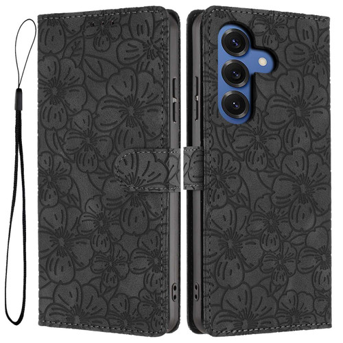 Samsung Galaxy S26 Cherry Blossoms Embossed Leather Phone Case - Black