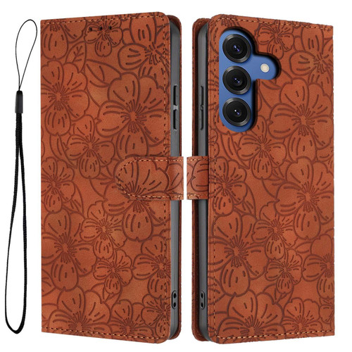 Samsung Galaxy S26 Cherry Blossoms Embossed Leather Phone Case - Brown
