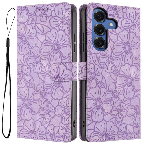 Samsung Galaxy S26 Cherry Blossoms Embossed Leather Phone Case - Purple