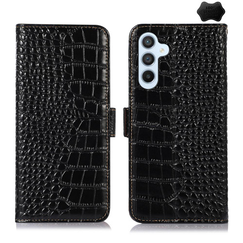 Samsung Galaxy S26 Crocodile Top Layer Cowhide Leather Phone Case - Black