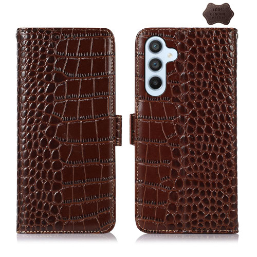 Samsung Galaxy S26 Crocodile Top Layer Cowhide Leather Phone Case - Brown