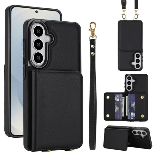 Samsung Galaxy S26 Crossbody Dual-buckle Wallet RFID Back Leather Phone Case - Black