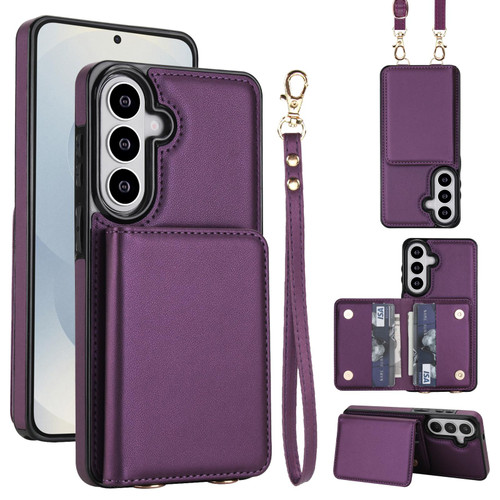 Samsung Galaxy S26 Crossbody Dual-buckle Wallet RFID Back Leather Phone Case - Dark Purple