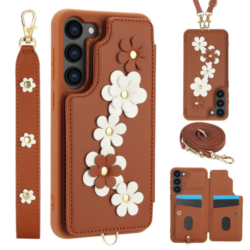 Samsung Galaxy S26 Crossbody Flower Pattern Leather Phone Case - Brown