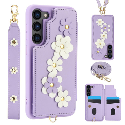 Samsung Galaxy S26 Crossbody Flower Pattern Leather Phone Case - Purple