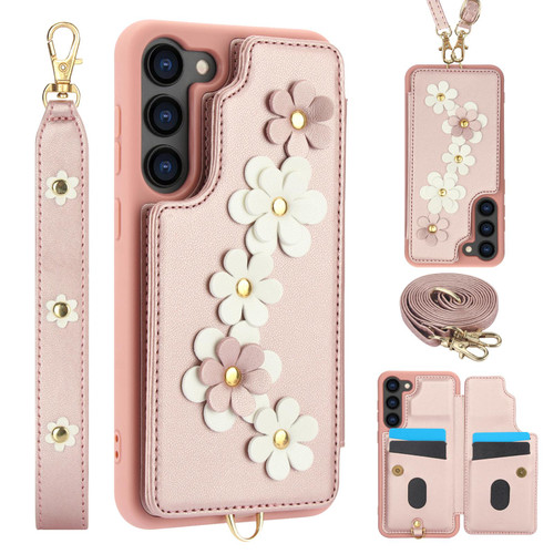 Samsung Galaxy S26 Crossbody Flower Pattern Leather Phone Case - Rose Gold