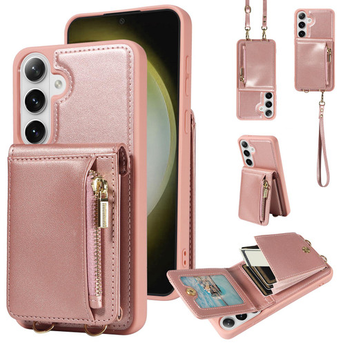 Samsung Galaxy S26 Crossbody Lanyard Zipper Wallet Leather Phone Case - Rose Gold