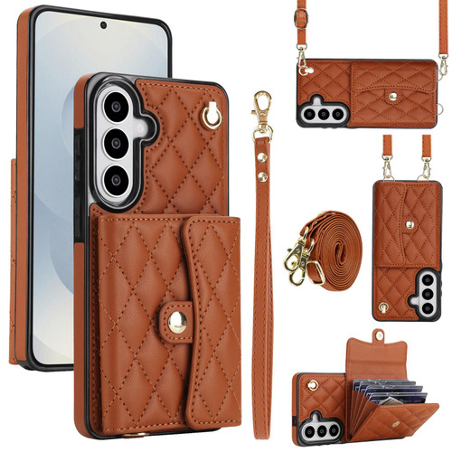 Samsung Galaxy S26 Crossbody Rhombic Horizontal Wallet Leather Phone Case - Brown