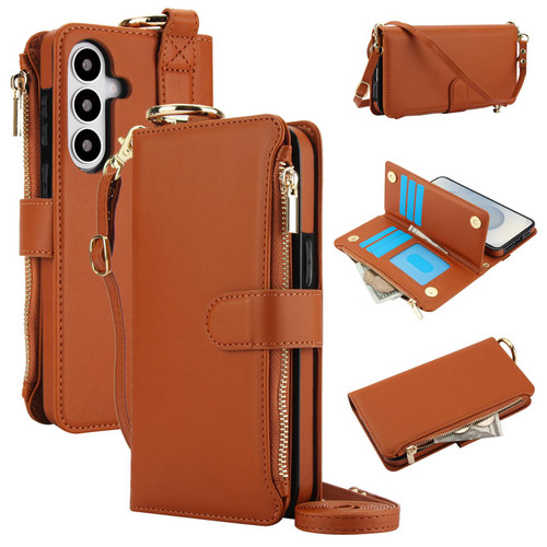Samsung Galaxy S26 Crossbody Ring Multifunctional Wallet Leather Phone Case - Brown