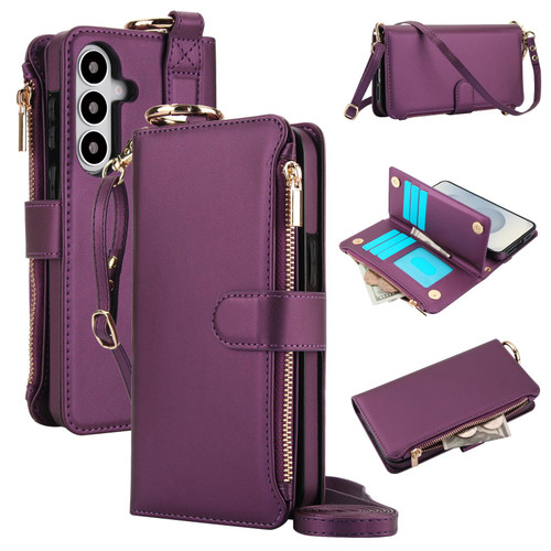 Samsung Galaxy S26 Crossbody Ring Multifunctional Wallet Leather Phone Case - Dark Purple