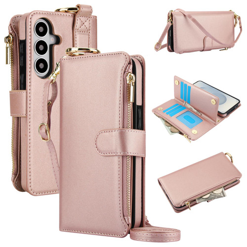 Samsung Galaxy S26 Crossbody Ring Multifunctional Wallet Leather Phone Case - Rose Gold