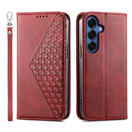 Samsung Galaxy S26 Cubic Grid Calf Texture Magnetic Leather Phone Case - Red