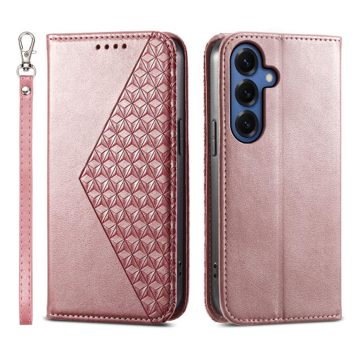 Samsung Galaxy S26 Cubic Grid Calf Texture Magnetic Leather Phone Case - Rose Gold