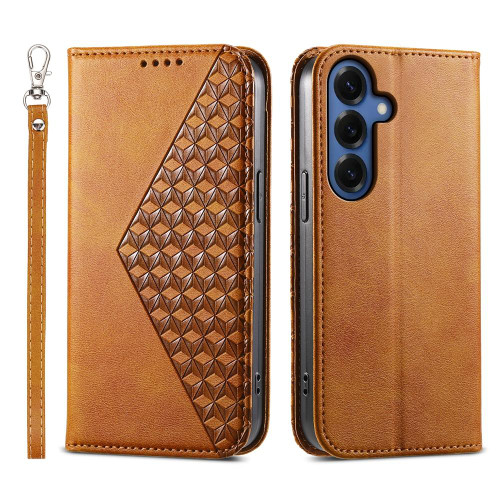 Samsung Galaxy S26 Cubic Grid Calf Texture Magnetic Leather Phone Case - Yellow