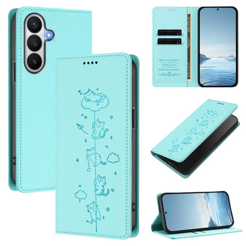 Samsung Galaxy S26 Cute Cats Embossed Magnetic RFID Vegan Leather Phone Case - Mint Green
