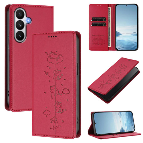 Samsung Galaxy S26 Cute Cats Embossed Magnetic RFID Vegan Leather Phone Case - Red