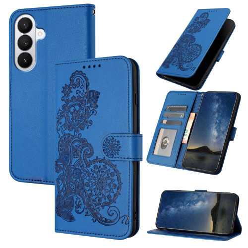 Samsung Galaxy S26 Datura Flower Embossed Flip Leather Phone Case - Blue
