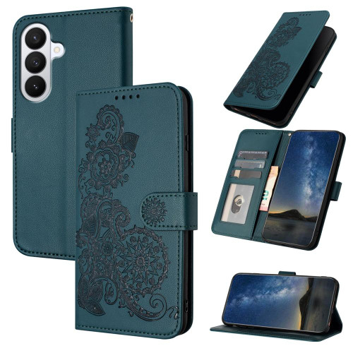 Samsung Galaxy S26 Datura Flower Embossed Flip Leather Phone Case - Dark Green
