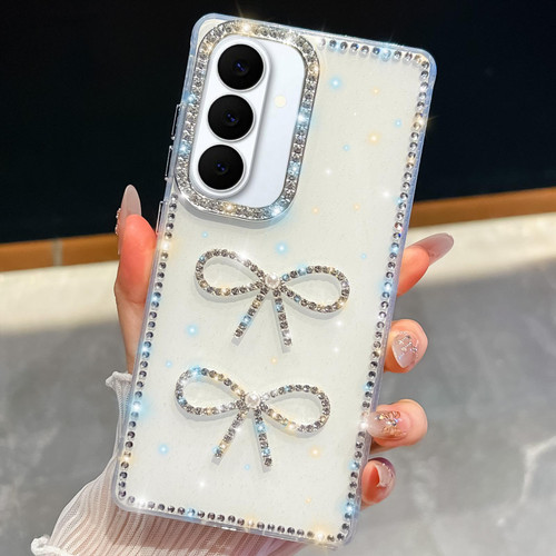 Samsung Galaxy S26 Diamond Glitter Dual Bow-knot Shockproof Phone Case - White