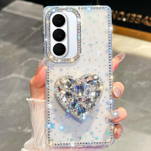 Samsung Galaxy S26 Diamond Glitter Gemstone Heart Holder Phone Case - Transparent Stars