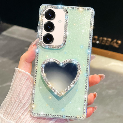 Samsung Galaxy S26 Diamond Glitter Mirror Heart Holder Phone Case - Light Green