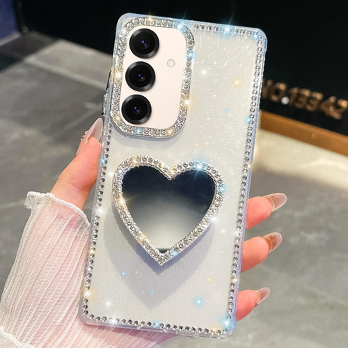 Samsung Galaxy S26 Diamond Glitter Mirror Heart Holder Phone Case - Transparent
