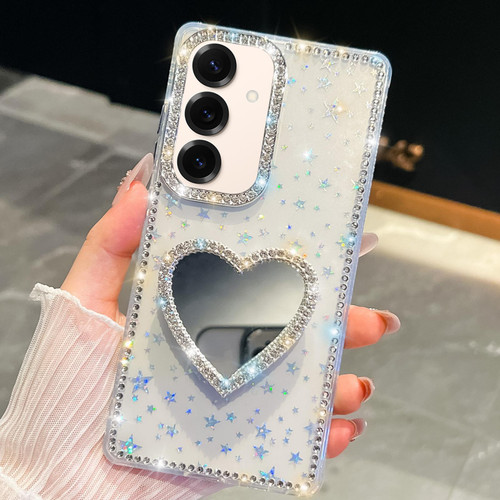 Samsung Galaxy S26 Diamond Glitter Mirror Heart Holder Phone Case - Transparent Stars