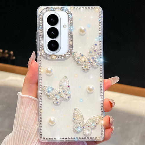 Samsung Galaxy S26 Diamond Glitter Pearl Butterfly Four-Corner Shockproof Phone Case - White