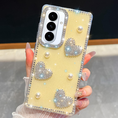 Samsung Galaxy S26 Diamond Glitter Pearl Heart Four-Corner Shockproof Phone Case - Light Yellow