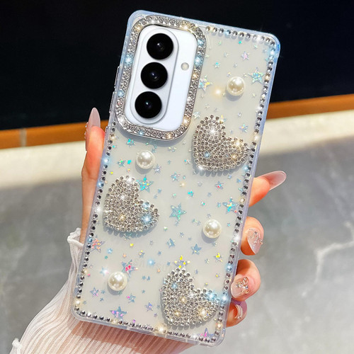 Samsung Galaxy S26 Diamond Glitter Pearl Heart Four-Corner Shockproof Phone Case - Transparent Stars