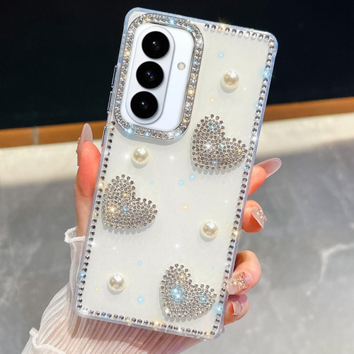 Samsung Galaxy S26 Diamond Glitter Pearl Heart Four-Corner Shockproof Phone Case - White