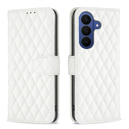 Samsung Galaxy S26 Diamond Lattice Wallet Flip Leather Phone Case - White