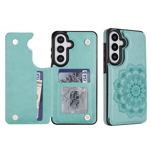 Samsung Galaxy S26 Double Buckle Mandala Leather Wallet Back Cover Phone Case - Green