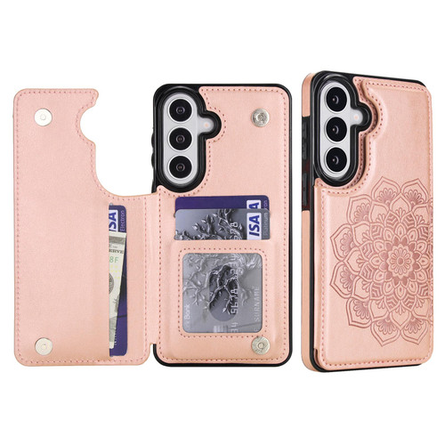 Samsung Galaxy S26 Double Buckle Mandala Leather Wallet Back Cover Phone Case - Rose Gold