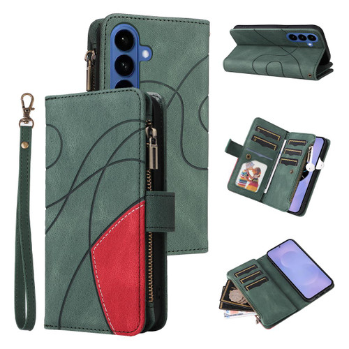 Samsung Galaxy S26 Dual-color 9 Card Slots Zipper Wallet Leather Phone Case - Green