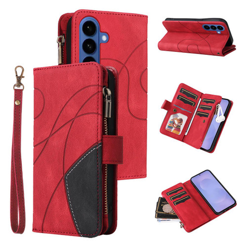 Samsung Galaxy S26 Dual-color 9 Card Slots Zipper Wallet Leather Phone Case - Red