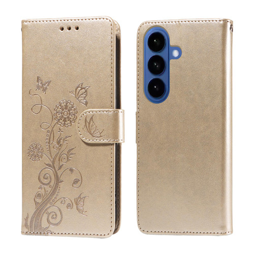 Samsung Galaxy S26 Embossed Butterfly Flowers Leather Phone Case - Gold
