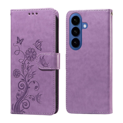 Samsung Galaxy S26 Embossed Butterfly Flowers Leather Phone Case - Purple