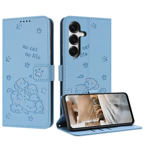 Samsung Galaxy S26 Embossed Kitten Phone Leather Case with Lanyard - Blue