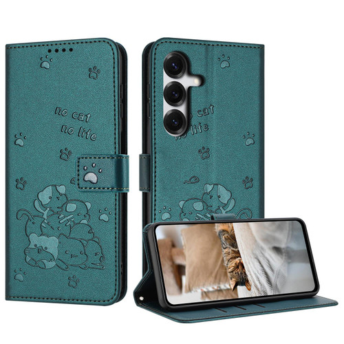 Samsung Galaxy S26 Embossed Kitten Phone Leather Case with Lanyard - Dark Green