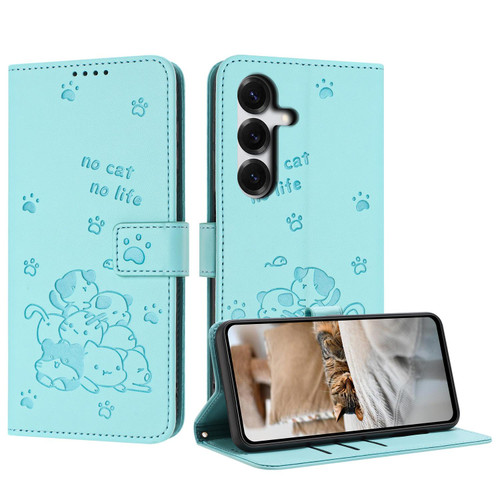 Samsung Galaxy S26 Embossed Kitten Phone Leather Case with Lanyard - Mint Green