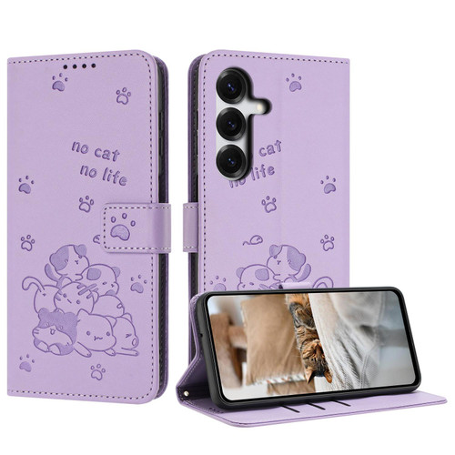 Samsung Galaxy S26 Embossed Kitten Phone Leather Case with Lanyard - Purple