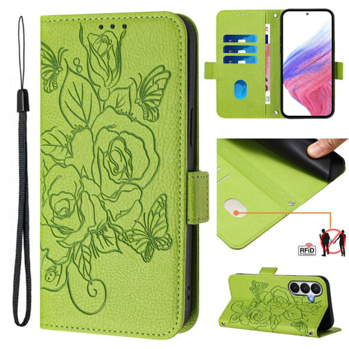 Samsung Galaxy S26 Embossed Rose RFID Anti-theft Leather Phone Case - Green