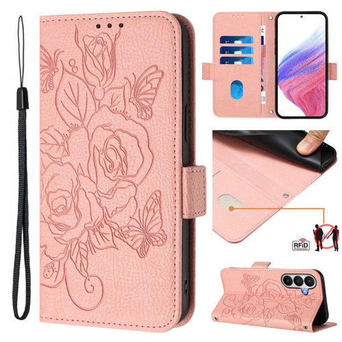 Samsung Galaxy S26 Embossed Rose RFID Anti-theft Leather Phone Case - Pink