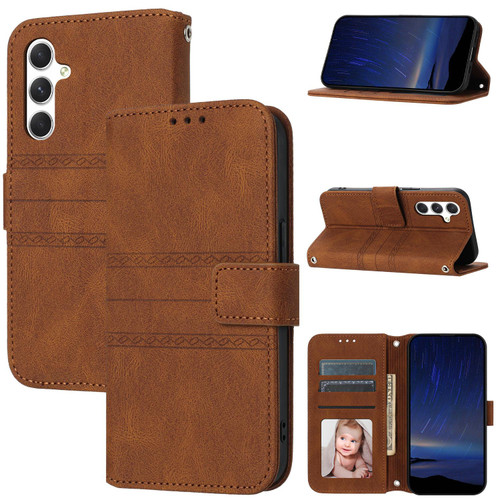 Samsung Galaxy S26 Embossed Stripes Skin Feel Leather Phone Case - Brown