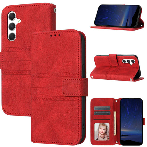 Samsung Galaxy S26 Embossed Stripes Skin Feel Leather Phone Case - Red