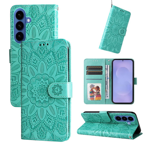 Samsung Galaxy S26 Embossed Sunflower Leather Phone Case - Green